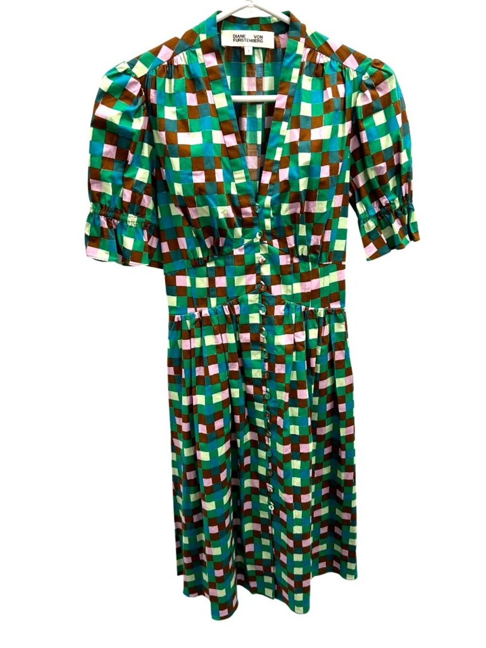 Diane Von Furstenberg Checkerboard Midi Dress With Puff Sleeves & Button-Front M